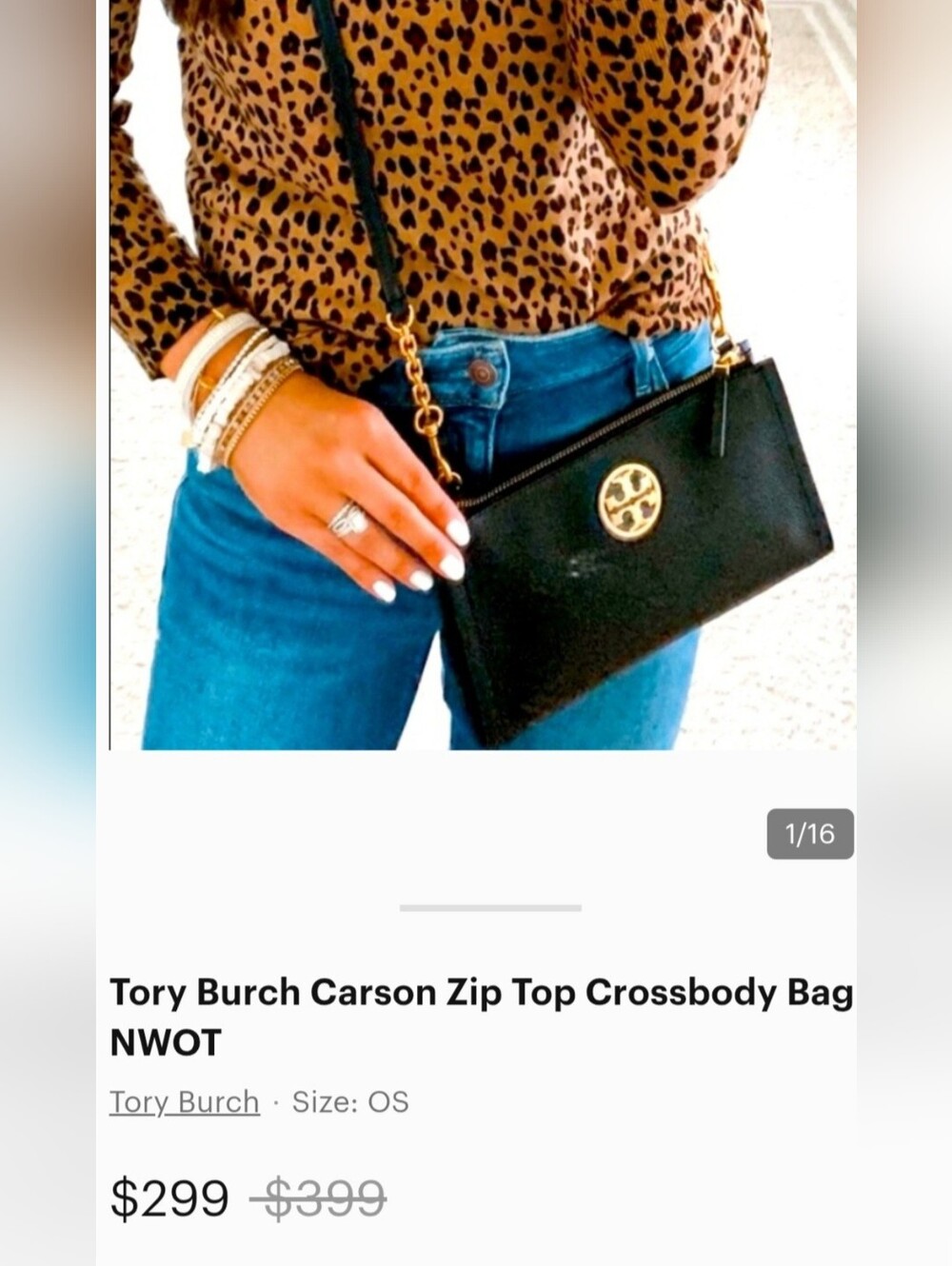 Tory Burch Carson Zip Top Pebbled Leather Crossbody in Black 9"×6"×1" - Picture 2 of 16